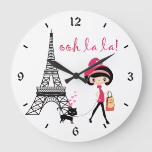 Cute Girl, Black Cat with Eiffel Tower Paris Large Clock