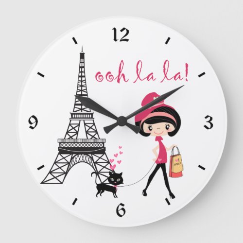 Cute Girl Black Cat with Eiffel Tower Paris Large Clock