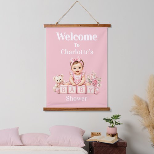 Cute Girl Block Baby Shower Welcome Sign Hanging Tapestry