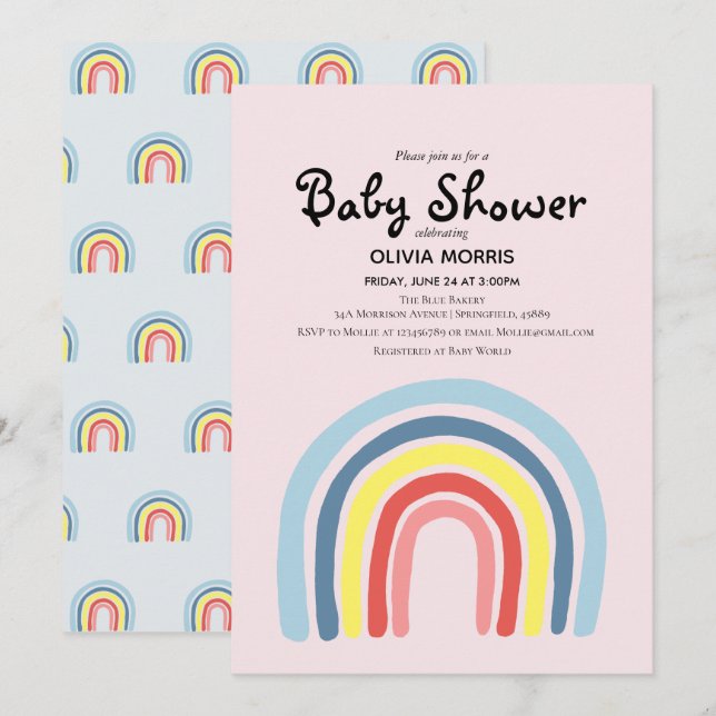 Cute Girl Boho Rainbow and Name Baby Shower Invitation (Front/Back)