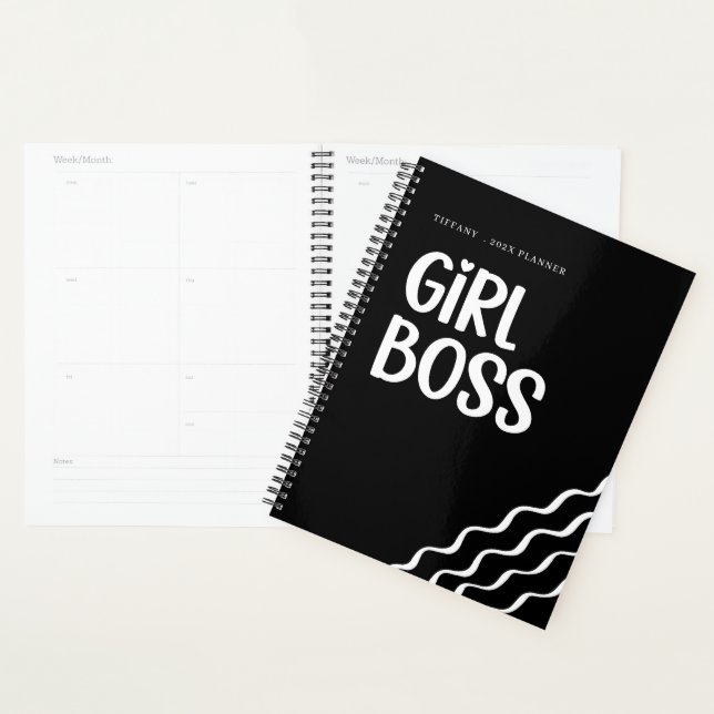 Cute Girl Boss Black and White Monogram Year Planner (Display)