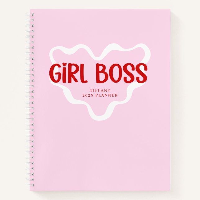 Cute Girl Boss Pink and Red Custom Name Year Notebook (Front)