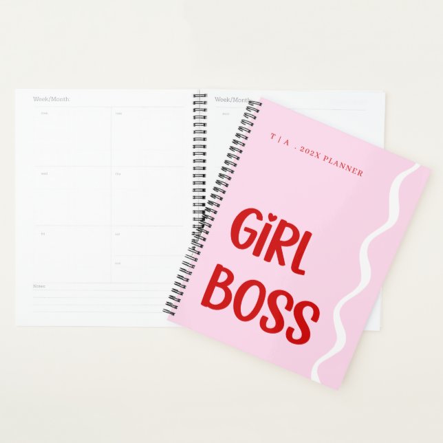 Cute Girl Boss Pink and Red Monogram Year Planner (Display)