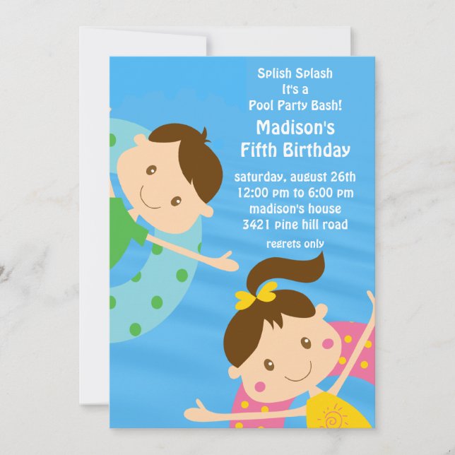 CUTE Girl & Boy Pool Party Birthday Invitation (Front)