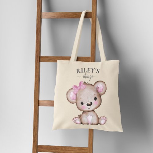 Cute Girl Brown Bear Monogrammed Baby Tote Bag