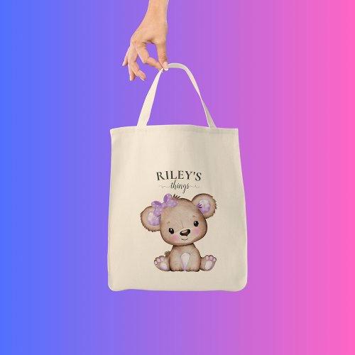 Cute Girl Brown Purple Bear Monogrammed Baby Tote Bag