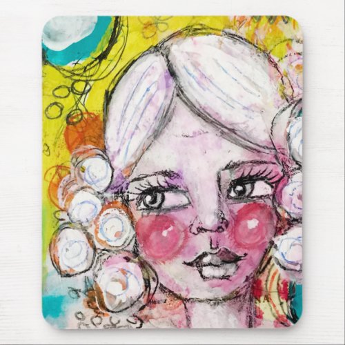Cute Girl Bubble Whimsical Orange Turquoise Yellow Mouse Pad