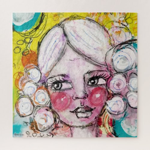 Cute Girl Bubbles Colorful Whimsical Original Art Jigsaw Puzzle