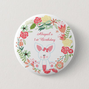 Cute Girl Bunny and Flower Wreath 1st Birthday Pinback Button