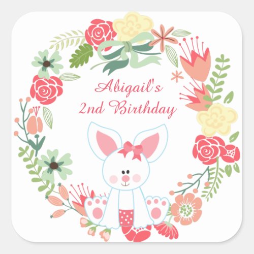 Cute Girl Bunny and Pretty Flower Wreath Birthday Square Sticker