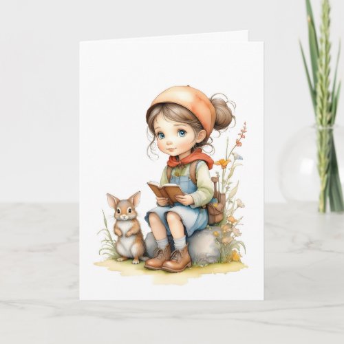 Cute Girl Bunny Rabbit Flowers Books Blank Card