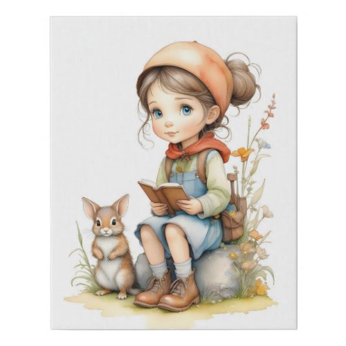 Cute Girl Bunny Rabbit Flowers Books Faux Canvas Print