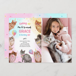 Cute Girl Cat Pawty Animals Birthday Photo Invitation