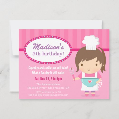 Cute Girl Chef Cooking Baking Birthday Party Invitation