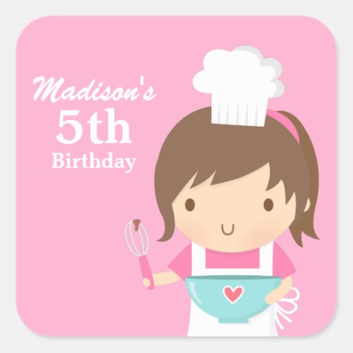 Cute Girl Chef Cooking Baking Birthday Party Square Sticker