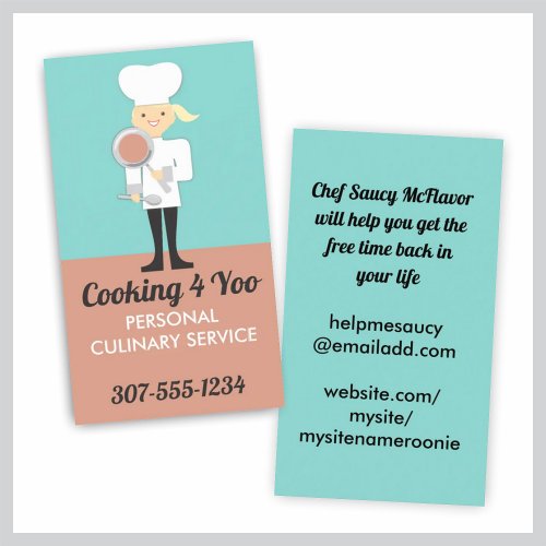 cute girl chef frying pan spoon cooking busines... business card template