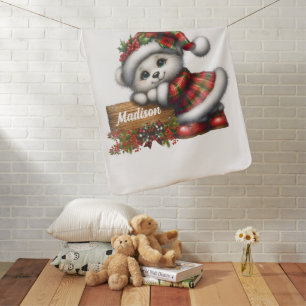 Cute Girl Christmas Bear With Name Baby Blanket