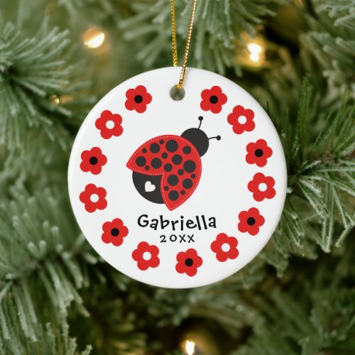 Cute Girl Christmas Ladybug Ceramic Ornament