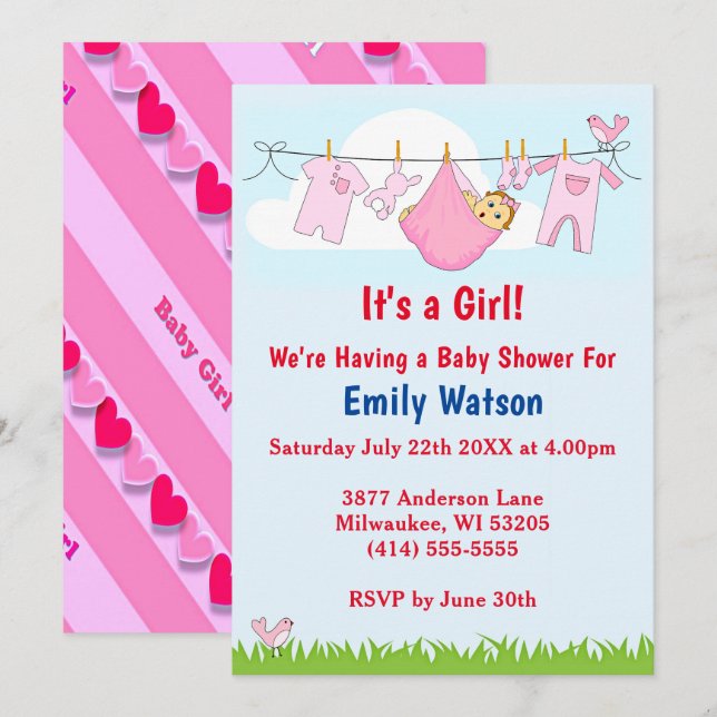 Cute Girl Clothesline Hearts Boho Baby Shower Invitation (Front/Back)