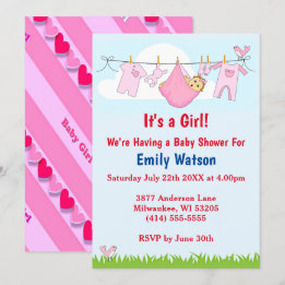 Cute Girl Clothesline Hearts Boho Baby Shower Invitation