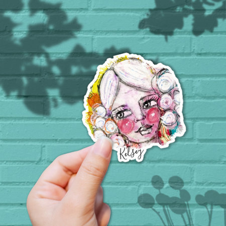 Cute Girl Colorful Whimsical Art Fun Cute Add Name Sticker