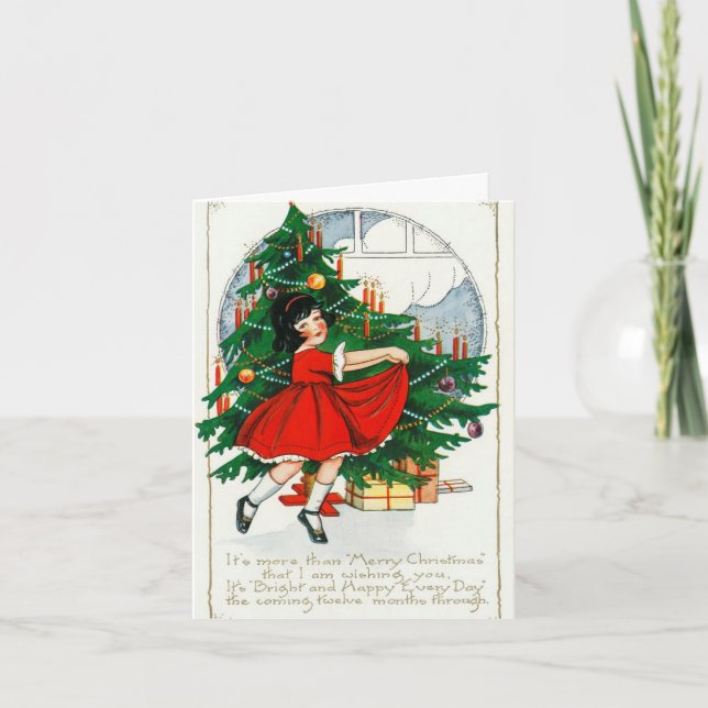 Cute Girl Dances Around Tree Christmas Card (Front)