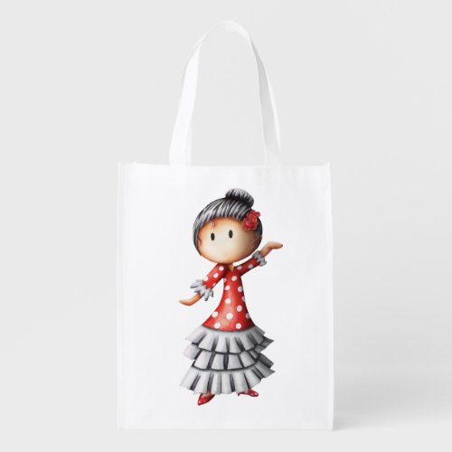 Cute Girl Dancing Sevillanas in Red Dot Dress Grocery Bag