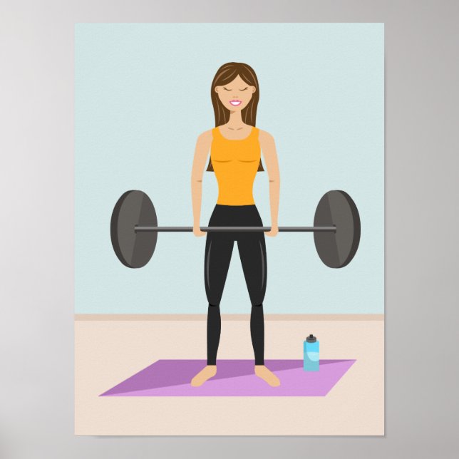 Cute Girl Deadlifting Barbell Cartoon Illustration Poster (Front)