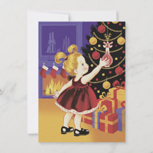 Cute Girl Decorating Tree Vintage Christmas Holiday Card