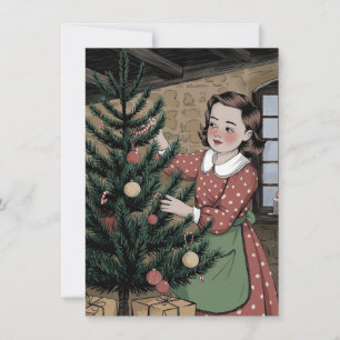 Cute Girl Decorating Tree Vintage Christmas Holiday Card