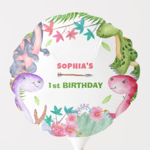 Cute Girl Dinosaur 1st Birthday Party Balloon