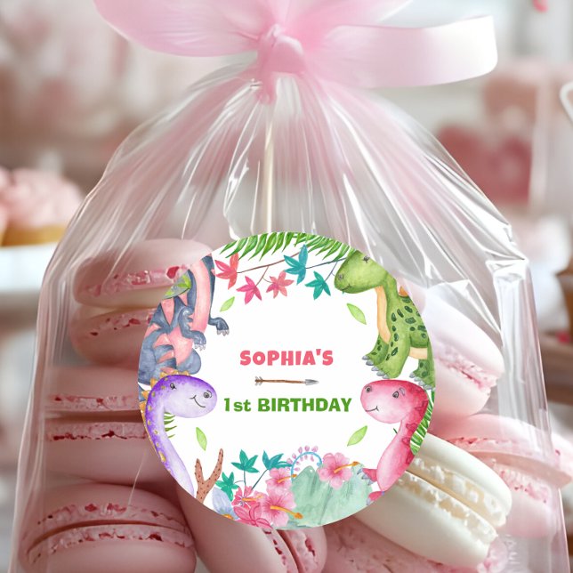 Cute Girl Dinosaur 1st Birthday Party Classic Round Sticker (Creator Uploaded)