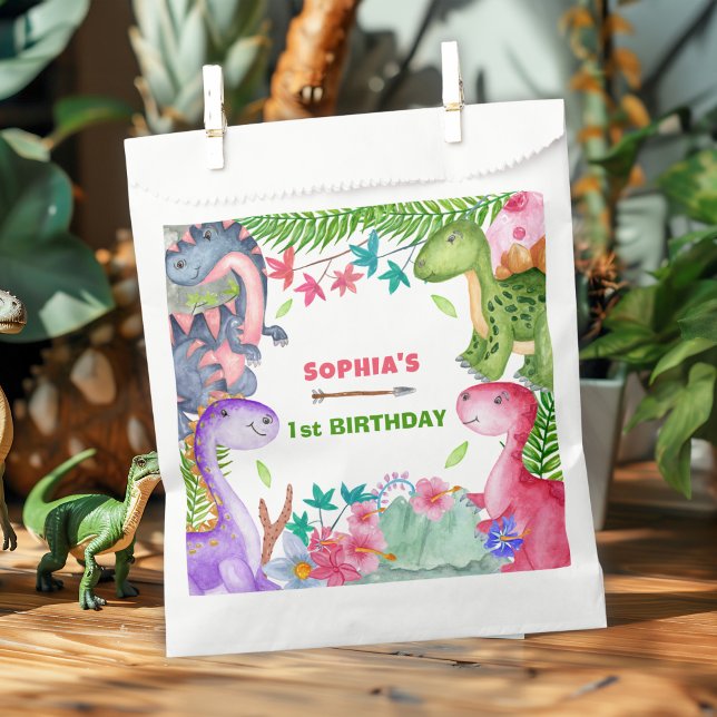 Cute Girl Dinosaur 1st Birthday Party Favor Bag (Creator Uploaded)