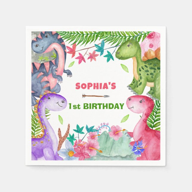 Cute Girl Dinosaur 1st Birthday Party Napkins (Front)