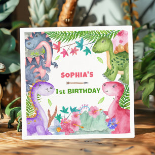 Cute Girl Dinosaur 1st Birthday Party Napkins