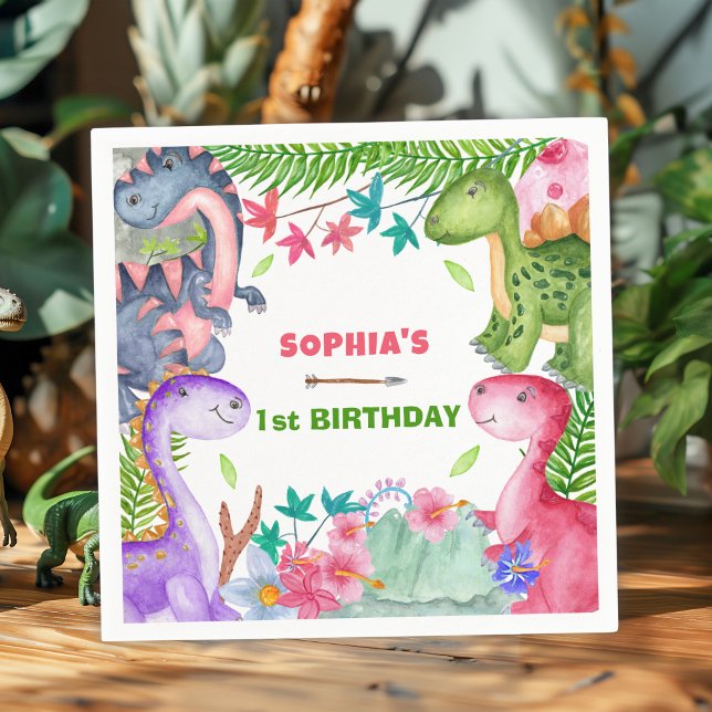 Cute Girl Dinosaur 1st Birthday Party Napkins (Creator Uploaded)
