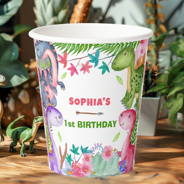 Cute Girl Dinosaur 1st Birthday Party Paper Cups (Creator Uploaded)