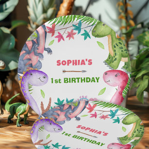 Cute Girl Dinosaur 1st Birthday Party Paper Plates