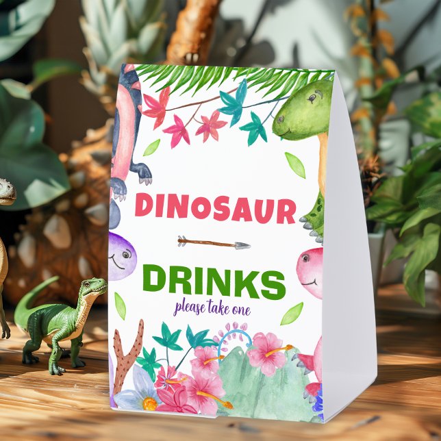 Cute Girl Dinosaur 1st Birthday Party Paper Table Tent (Creator Uploaded)