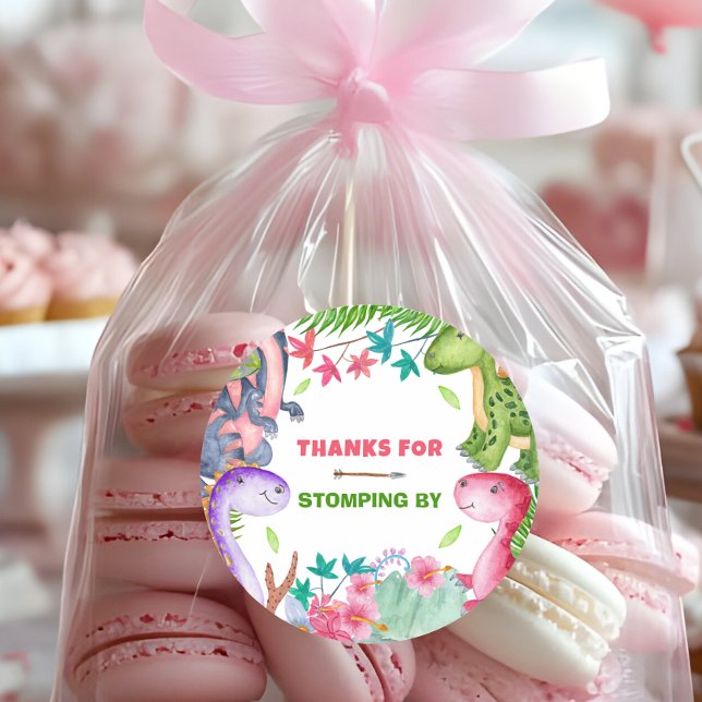 Cute Girl Dinosaur 1st Birthday Party Thank you Classic Round Sticker (Creator Uploaded)