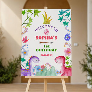 Cute Girl Dinosaur 1st Birthday Party Welcome Foam Board