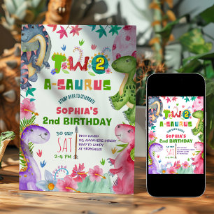 Cute Girl Dinosaur 2nd Birthday Invitation