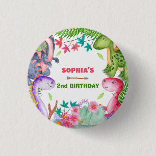 Cute Girl Dinosaur 2nd Birthday Party Button