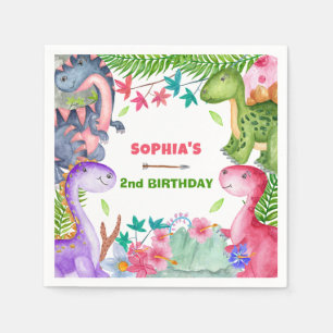 Cute Girl Dinosaur 2nd Birthday Party Napkins