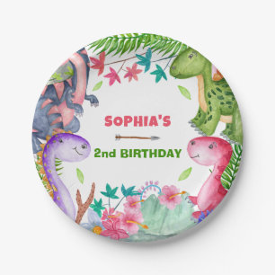 Cute Girl Dinosaur 2nd Birthday Party Paper Plates