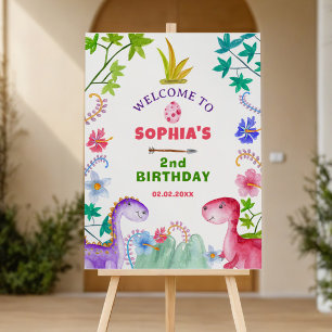 Cute Girl Dinosaur 2nd Birthday Party Welcome Foam Board