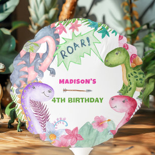 Cute Girl Dinosaur 4th Birthday Party Balloon