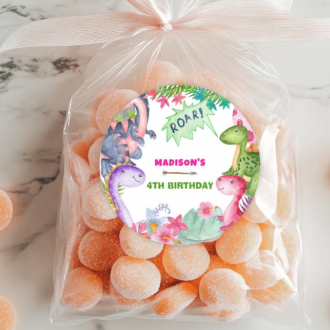 Cute Girl Dinosaur 4th Birthday Party Classic Round Sticker (Creator Uploaded)