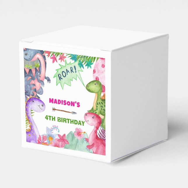 Cute Girl Dinosaur 4th Birthday Party Favor Boxes (Front Side)