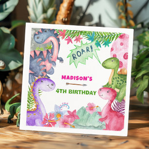 Cute Girl Dinosaur 4th Birthday Party Napkins